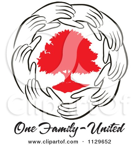 Cartoon Of A Ring Of Hands Around A Red Tree With One Family United Text - Royalty Free Vector Clipart by Johnny Sajem