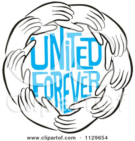 Cartoon Of A Ring Of Hands Around Blue United Forever Text - Royalty Free Vector Clipart by Johnny Sajem