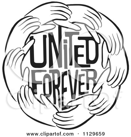 Cartoon Of A Black And White Ring Of Hands Around United Forever Text - Royalty Free Vector Clipart by Johnny Sajem