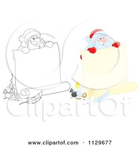 Cartoon Of Outlined And Colored Santas Holding Banners - Royalty Free Clipart by Alex Bannykh
