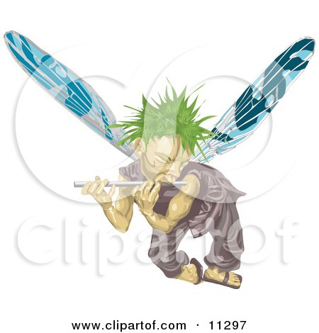 Male Fairy With Green Hair and Blue Wings, Flying and Playing a Flute Clipart Illustration by AtStockIllustration
