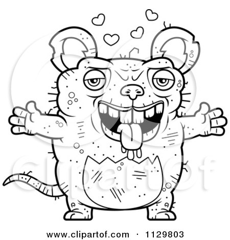 Cartoon Clipart Of An Outlined Loving Ugly Rat - Black And White Vector Coloring Page by Cory Thoman