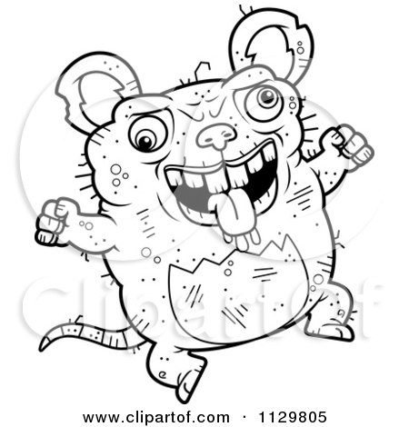 Cartoon Clipart Of An Outlined Jumping Ugly Rat - Black And White Vector Coloring Page by Cory Thoman