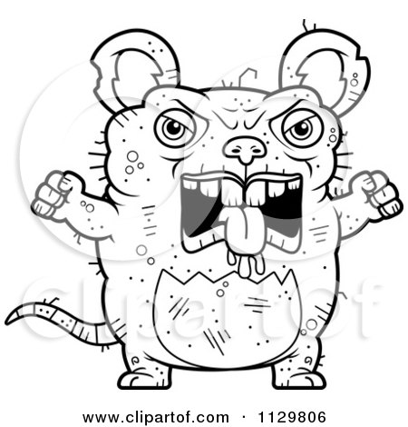 Cartoon Clipart Of An Outlined Angry Ugly Rat - Black And White Vector Coloring Page by Cory Thoman