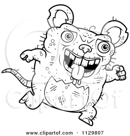 Cartoon Clipart Of An Outlined Running Ugly Rat - Black And White Vector Coloring Page by Cory Thoman