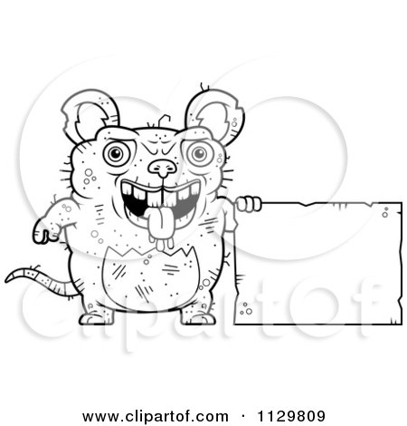 Cartoon Clipart Of An Outlined Ugly Rat With A Sign - Black And White Vector Coloring Page by Cory Thoman