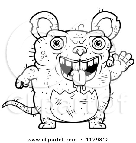 Cartoon Clipart Of An Outlined Waving Ugly Rat - Black And White Vector Coloring Page by Cory Thoman