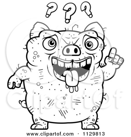Cartoon Clipart Of An Outlined Confused Ugly Pig - Black And White Vector Coloring Page by Cory Thoman