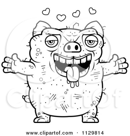 Cartoon Clipart Of An Outlined Amorous Ugly Pig - Black And White Vector Coloring Page by Cory Thoman