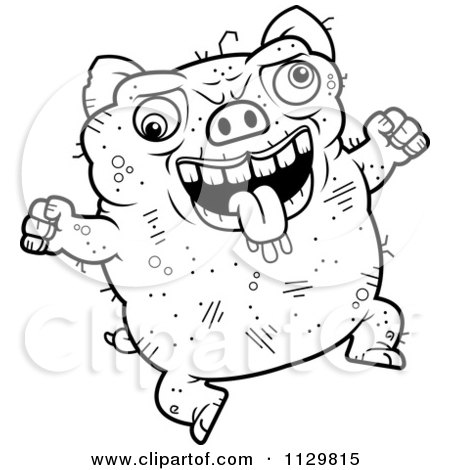 Cartoon Clipart Of An Outlined Jumping Ugly Pig - Black And White Vector Coloring Page by Cory Thoman