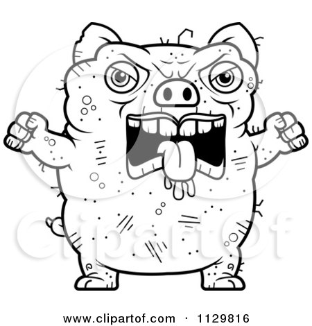 Cartoon Clipart Of An Outlined Angry Ugly Pig - Black And White Vector Coloring Page by Cory Thoman