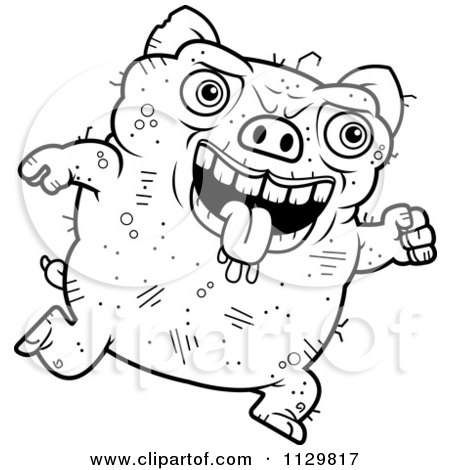 Cartoon Clipart Of An Outlined Running Ugly Pig - Black And White Vector Coloring Page by Cory Thoman