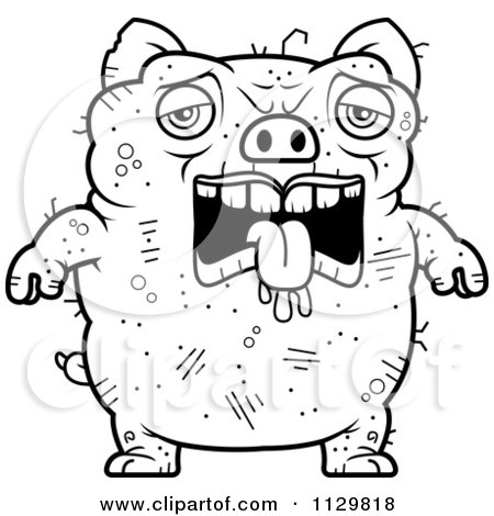 Cartoon Clipart Of An Outlined Depressed Ugly Pig - Black And White Vector Coloring Page by Cory Thoman