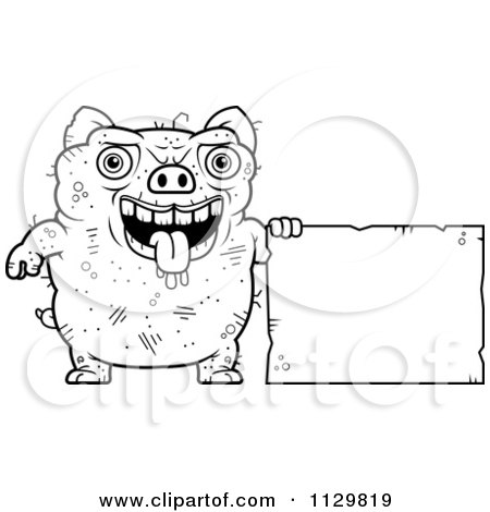 Cartoon Clipart Of An Outlined Ugly Pig With A Sign - Black And White Vector Coloring Page by Cory Thoman