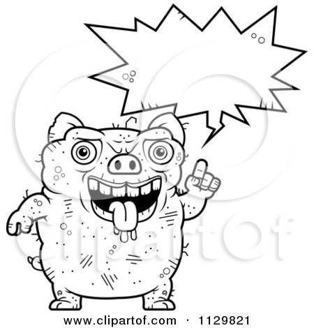 Cartoon Clipart Of An Outlined Ugly Pig Talking - Black And White Vector Coloring Page by Cory Thoman