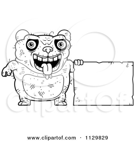Cartoon Clipart Of An Outlined Ugly Panda With A Sign - Black And White Vector Coloring Page by Cory Thoman