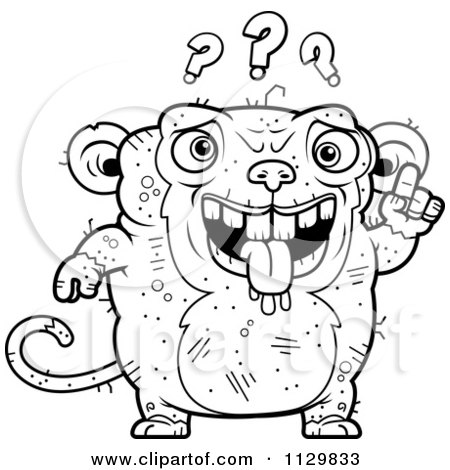 Cartoon Clipart Of An Outlined Confused Ugly Monkey - Black And White Vector Coloring Page by Cory Thoman