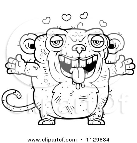 Cartoon Clipart Of An Outlined Loving Ugly Monkey - Black And White Vector Coloring Page by Cory Thoman