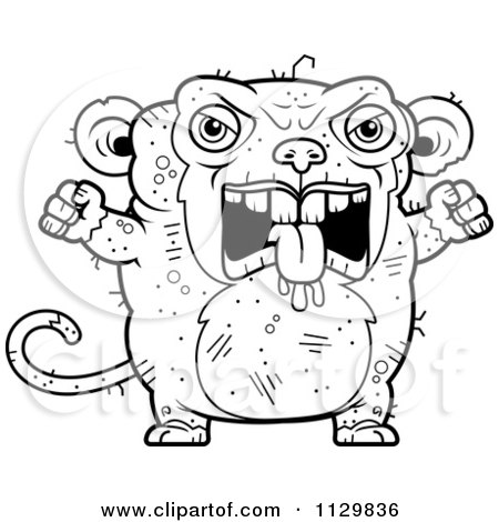 Cartoon Clipart Of An Outlined Angry Ugly Monkey - Black And White Vector Coloring Page by Cory Thoman