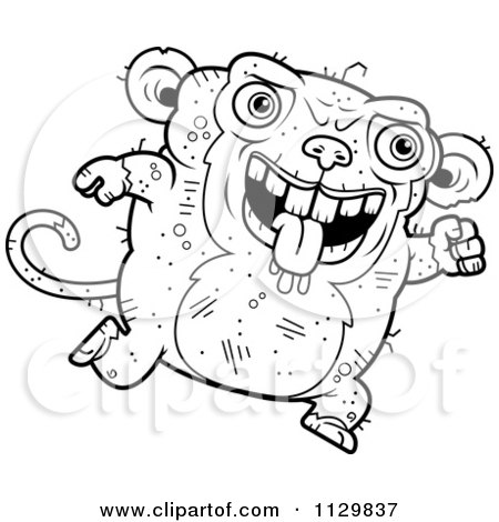 Cartoon Clipart Of An Outlined Running Ugly Monkey - Black And White Vector Coloring Page by Cory Thoman