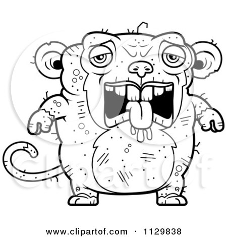 Cartoon Clipart Of An Outlined Depressed Ugly Monkey - Black And White Vector Coloring Page by Cory Thoman