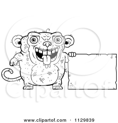 Cartoon Clipart Of An Outlined Ugly Monkey With A Sign - Black And White Vector Coloring Page by Cory Thoman