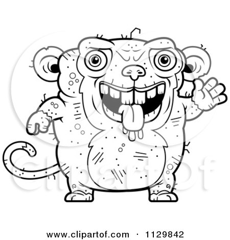 Cartoon Clipart Of An Outlined Waving Ugly Monkey - Black And White Vector Coloring Page by Cory Thoman
