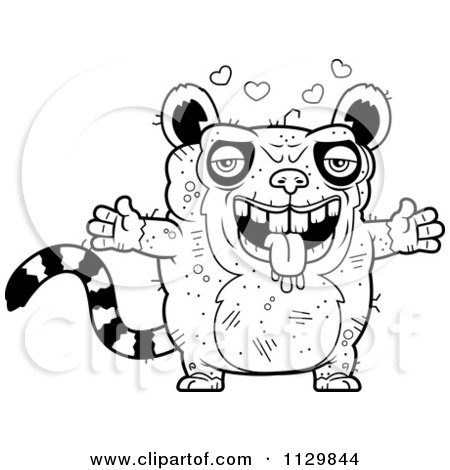 Cartoon Clipart Of An Outlined Amorous Ugly Lemur - Black And White Vector Coloring Page by Cory Thoman