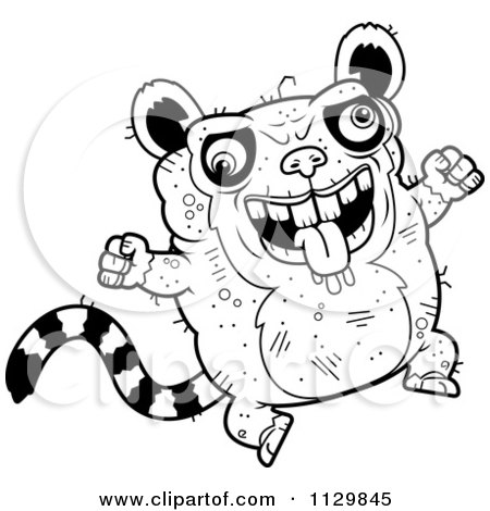 Cartoon Clipart Of An Outlined Jumping Ugly Lemur - Black And White Vector Coloring Page by Cory Thoman