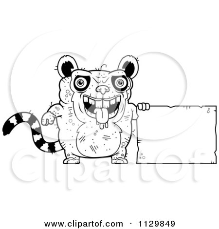 Cartoon Clipart Of An Outlined Ugly Lemur With A Sign - Black And White Vector Coloring Page by Cory Thoman