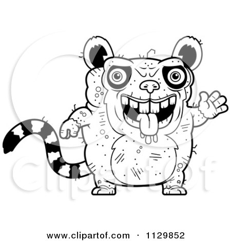 Cartoon Clipart Of An Outlined Waving Ugly Lemur - Black And White Vector Coloring Page by Cory Thoman