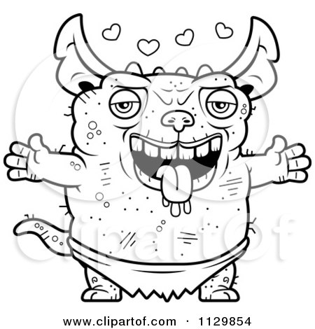 Cartoon Clipart Of An Outlined Amorous Pudgy Green Gremlin - Black And White Vector Coloring Page by Cory Thoman