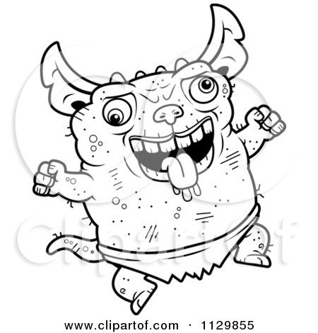 Cartoon Clipart Of An Outlined Jumping Pudgy Green Gremlin - Black And White Vector Coloring Page by Cory Thoman