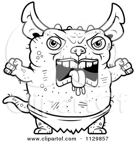 Cartoon Clipart Of An Outlined Angry Pudgy Green Gremlin - Black And White Vector Coloring Page by Cory Thoman
