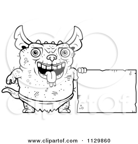 Cartoon Clipart Of An Outlined Pudgy Green Gremlin With A Sign - Black And White Vector Coloring Page by Cory Thoman
