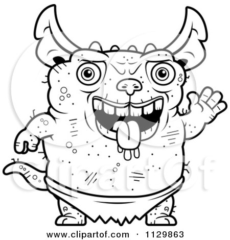 Cartoon Clipart Of An Outlined Waving Pudgy Green Gremlin - Black And White Vector Coloring Page by Cory Thoman