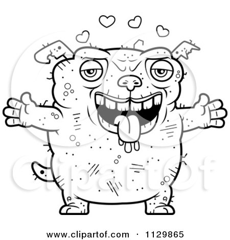 Cartoon Clipart Of An Outlined Loving Ugly Dog - Black And White Vector Coloring Page by Cory Thoman
