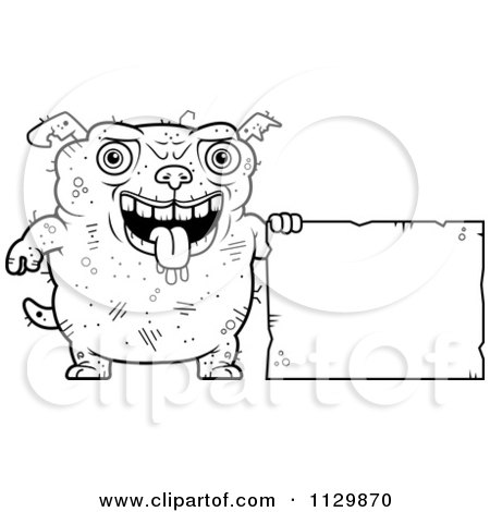 Cartoon Clipart Of An Outlined Ugly Dog Holding A Sign Black And White Vector Coloring Page by Cory Thoman
