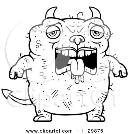 Cartoon Clipart Of An Outlined Sad Ugly Devil - Black And White Vector Coloring Page by Cory Thoman