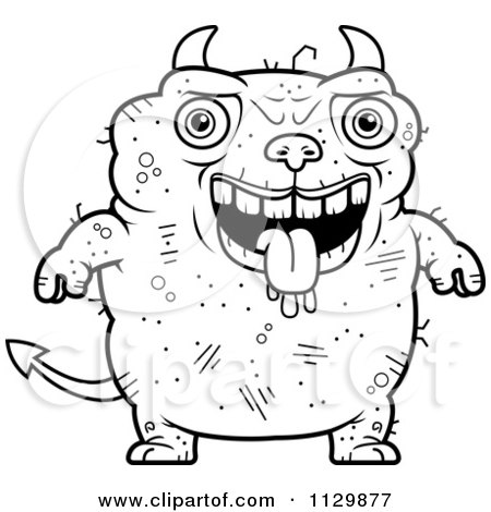 Cartoon Clipart Of An Outlined Drooling Ugly Devil - Black And White Vector Coloring Page by Cory Thoman