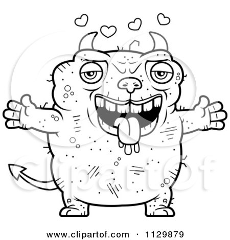 Cartoon Clipart Of An Outlined Loving Ugly Devil - Black And White Vector Coloring Page by Cory Thoman