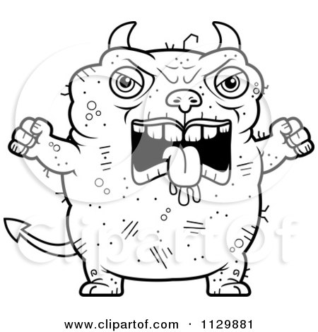 Cartoon Clipart Of An Outlined Angry Ugly Devil - Black And White Vector Coloring Page by Cory Thoman