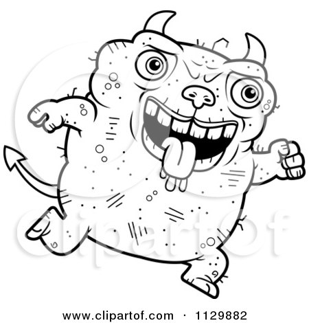 Cartoon Clipart Of An Outlined Jumping Ugly Devil - Black And White Vector Coloring Page by Cory Thoman