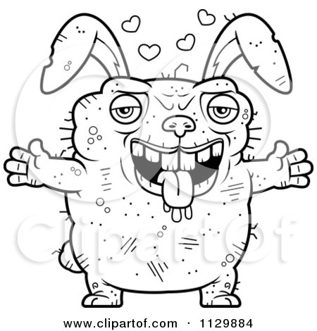 Cartoon Clipart Of An Outlined Loving Ugly Rabbit - Black And White Vector Coloring Page by Cory Thoman