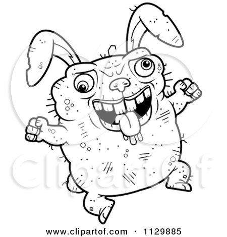 Cartoon Clipart Of An Outlined Jumping Ugly Rabbit - Black And White Vector Coloring Page by Cory Thoman