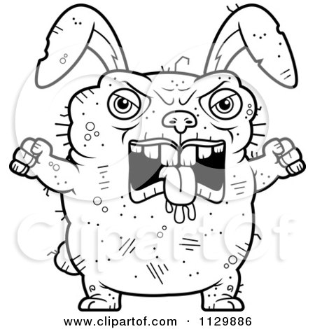 Cartoon Clipart Of An Outlined Mad Ugly Rabbit - Black And White Vector Coloring Page by Cory Thoman