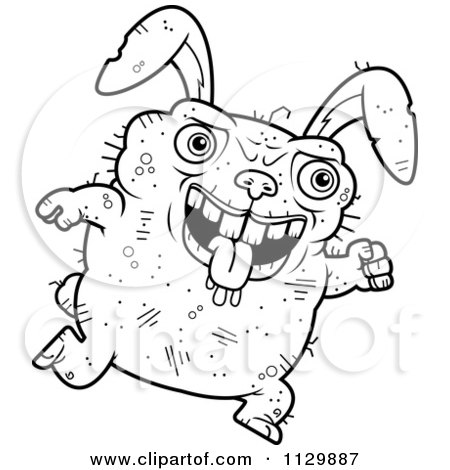 Cartoon Clipart Of An Outlined Running Ugly Rabbit - Black And White Vector Coloring Page by Cory Thoman