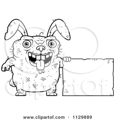Cartoon Clipart Of An Outlined Ugly Rabbit Holding A Sign - Black And White Vector Coloring Page by Cory Thoman