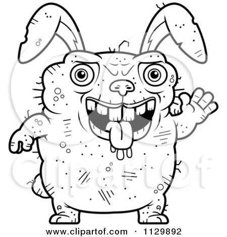 Cartoon Clipart Of An Outlined Waving Ugly Rabbit - Black And White Vector Coloring Page by Cory Thoman
