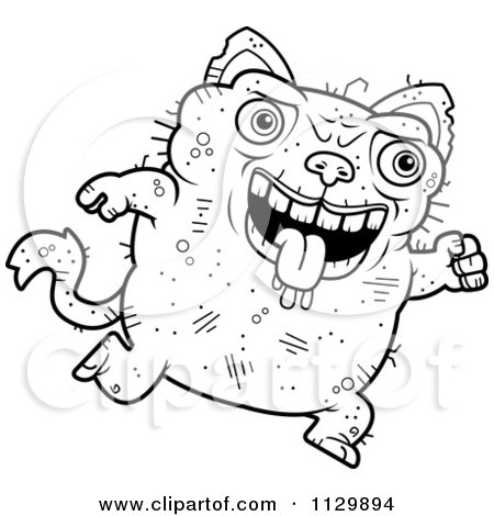 Cartoon Clipart Of An Outlined Running Ugly Cat - Black And White Vector Coloring Page by Cory Thoman